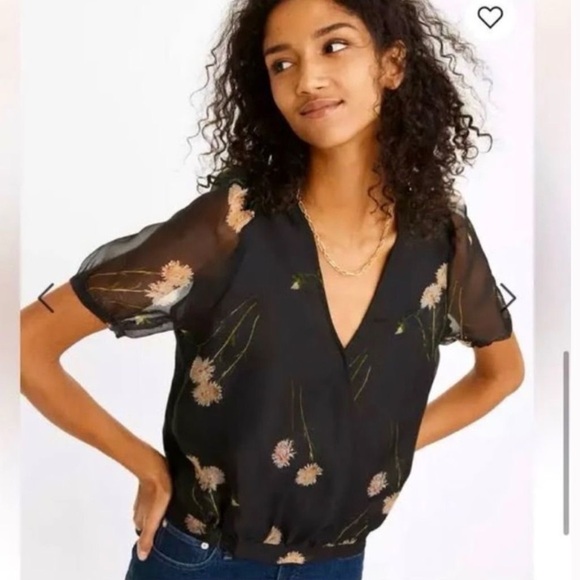 Madewell Tops - Madewell Silk Floral Wrap Crop Top | Sheer Black | Size L